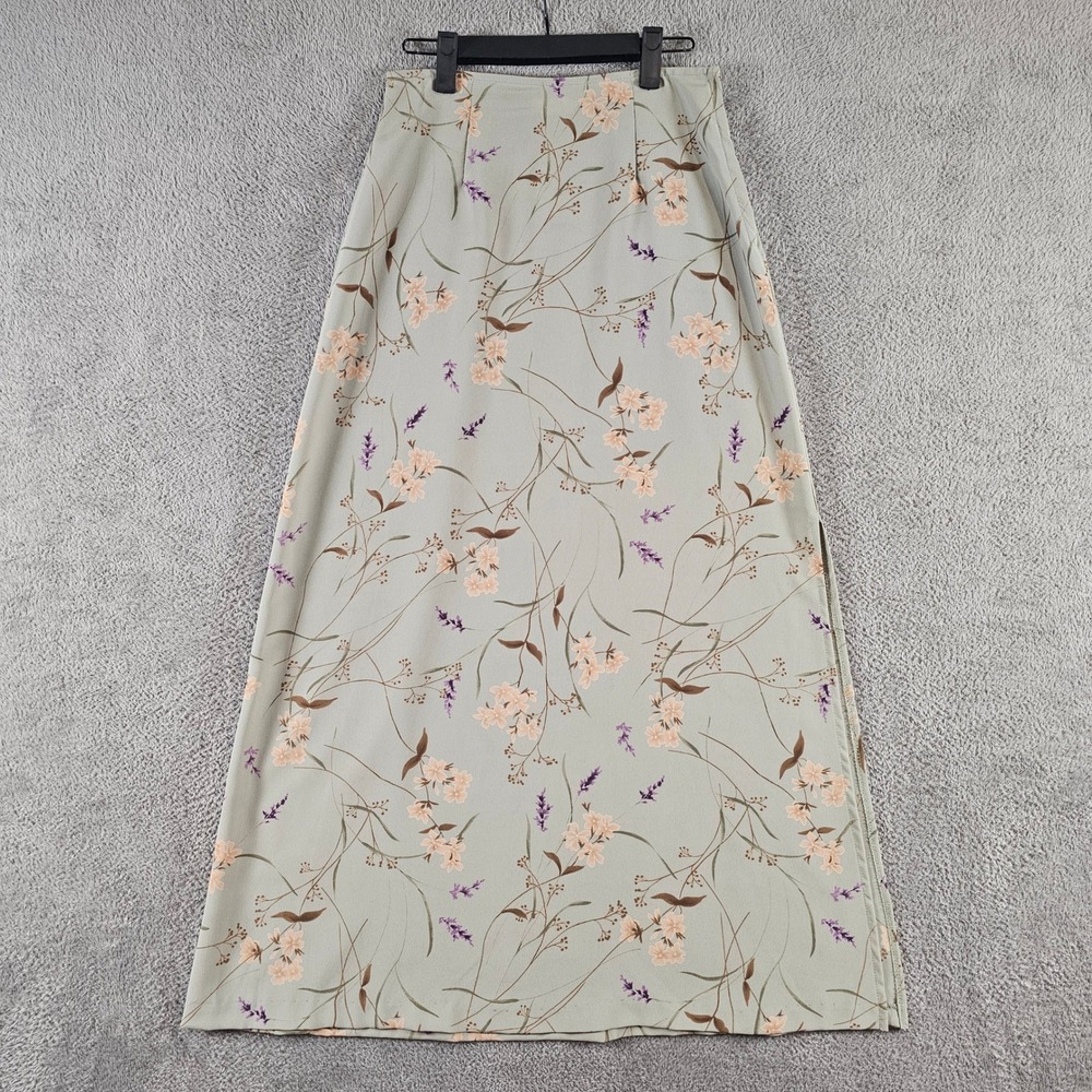 Wrapper Vintage 90s Sage Green Floral Maxi Skirt Side Slit Size 5/6 Cottagecore